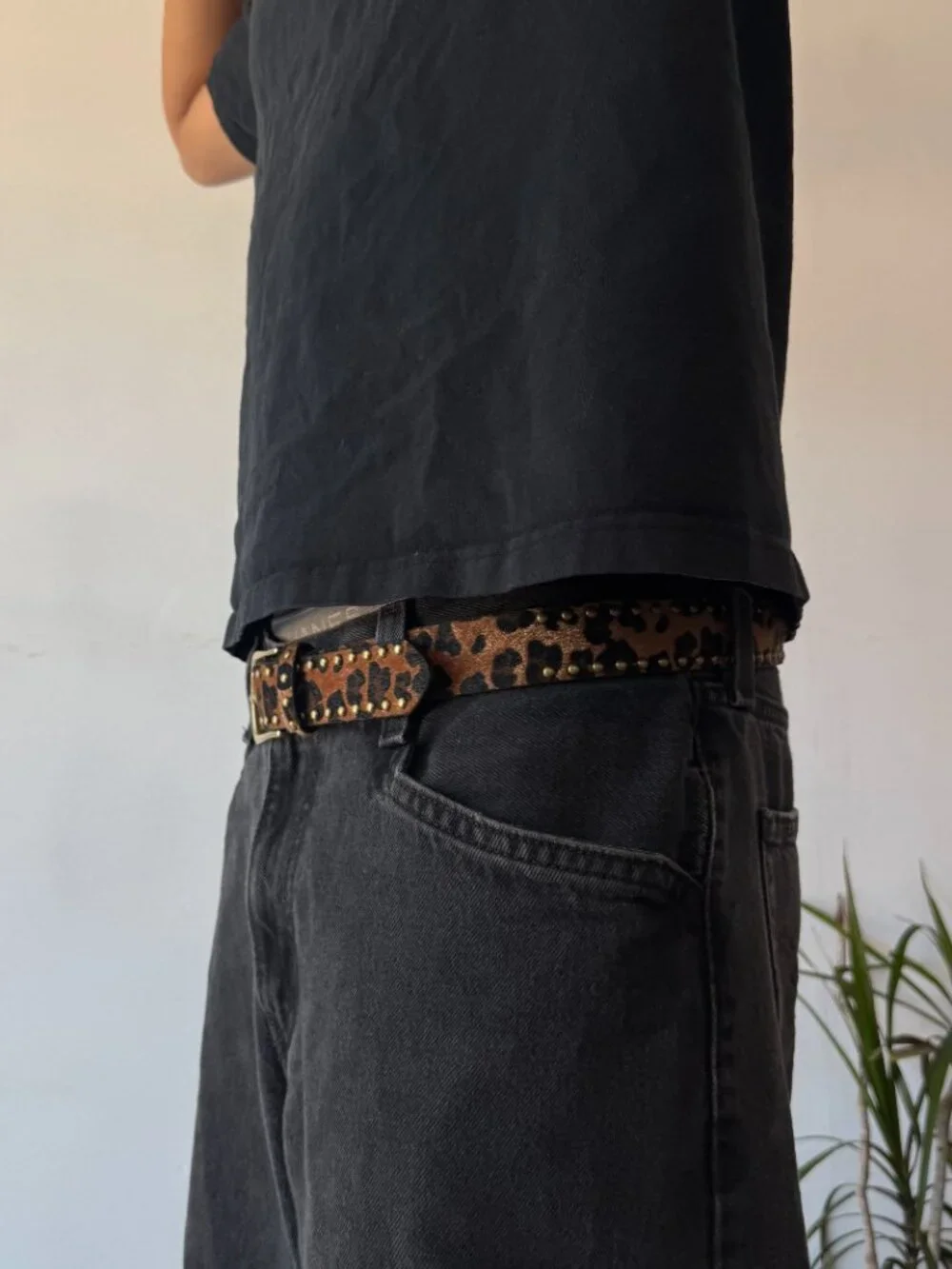 Brown Leopard Studded Brass Buckle Belt